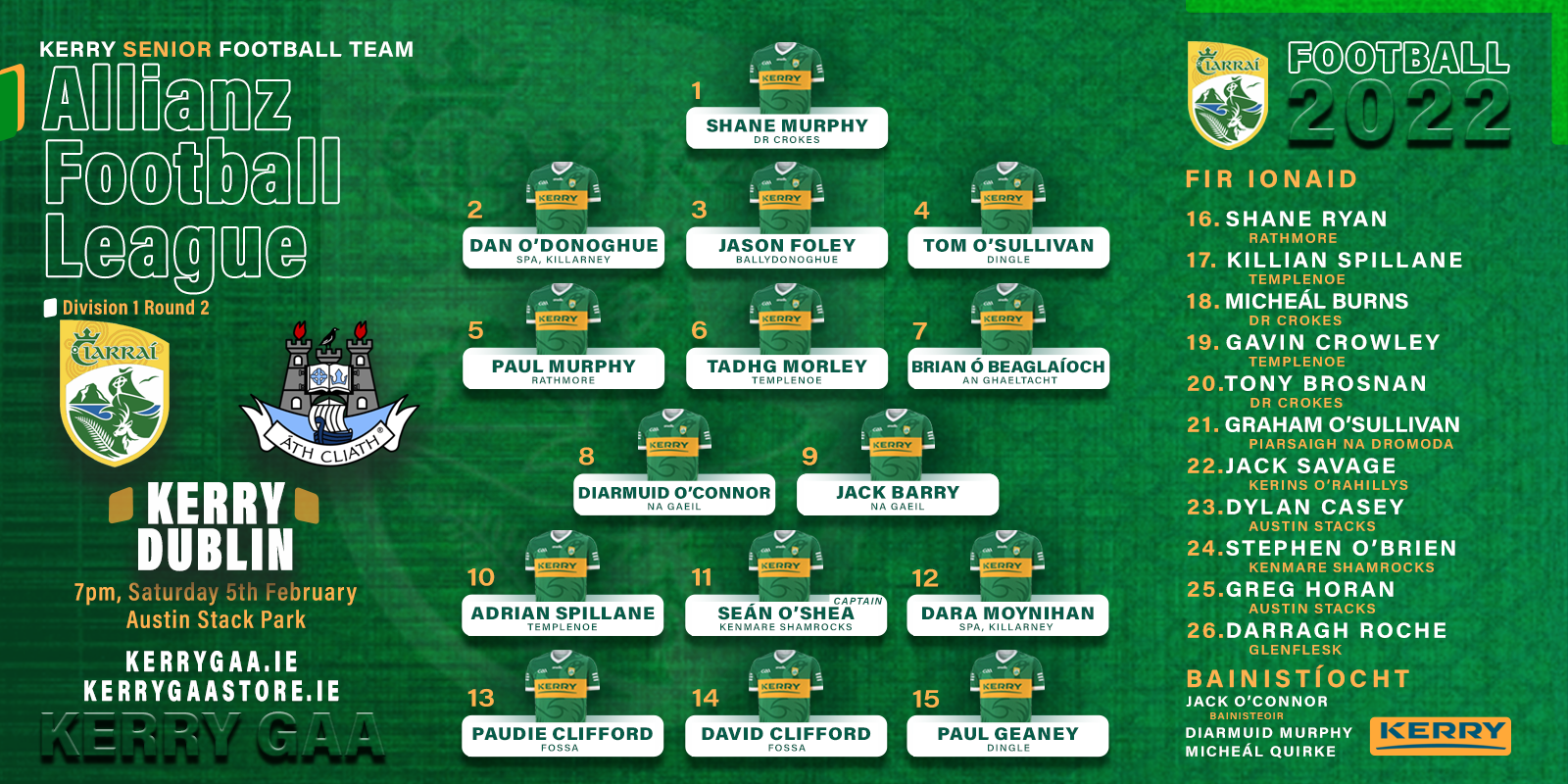 Team Announcement Kerry vs Dublin Allianz Football League Kerry GAA