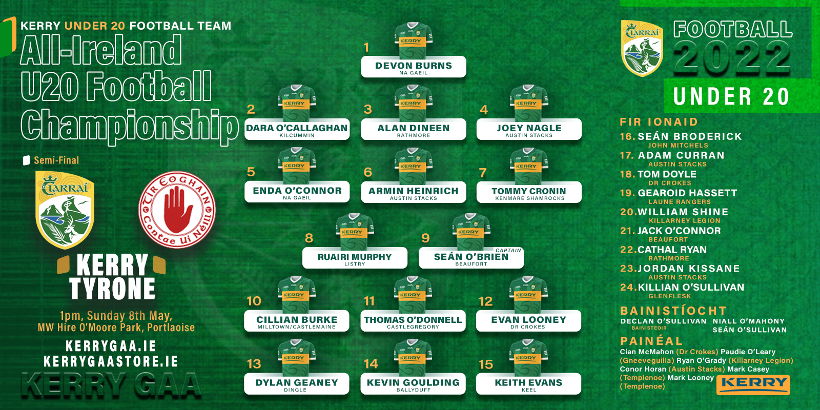 Team Announcement Kerry vs Tyrone EirGrid U20 Championship Semi