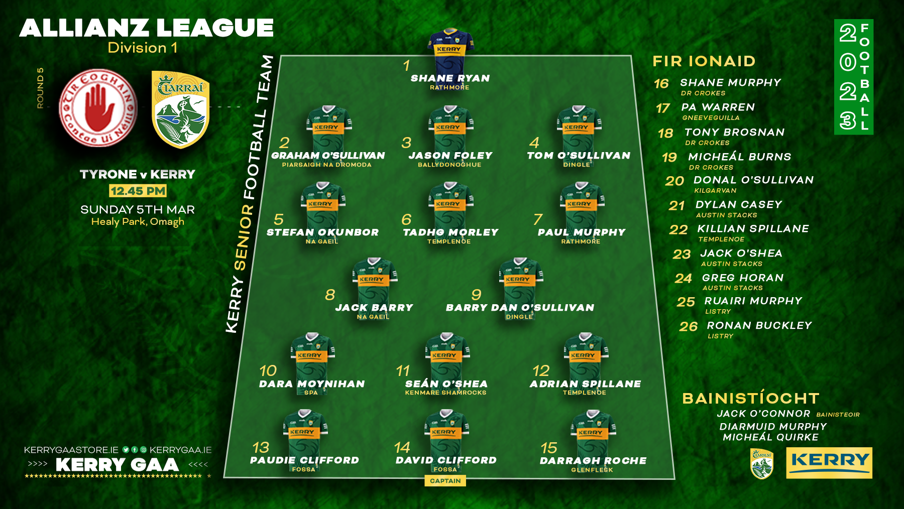 Team Announcement Kerry vs Tyrone Allianz Football League Kerry GAA