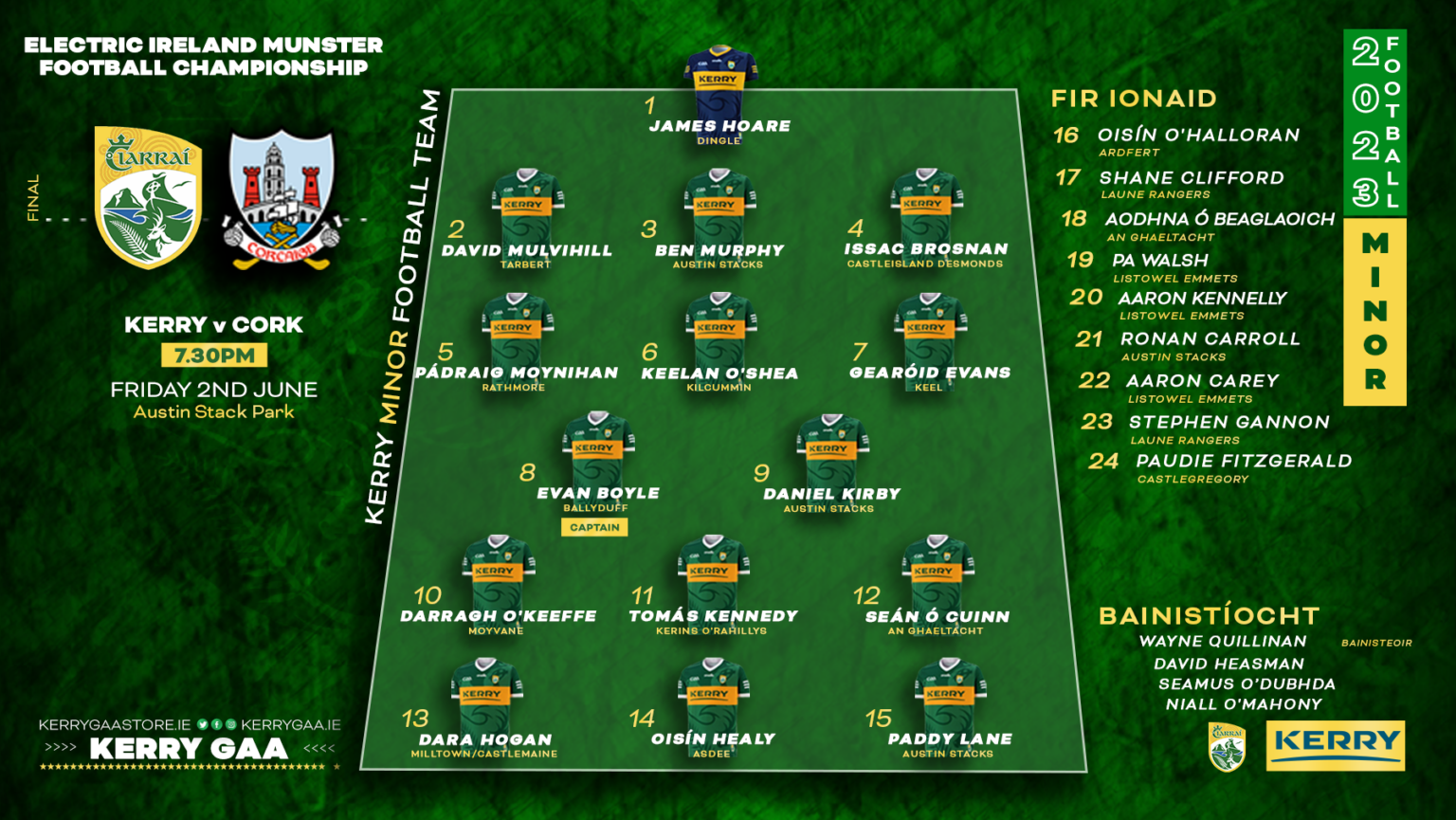 Team Announcement Kerry vs Cork Munster MFC Final Kerry GAA